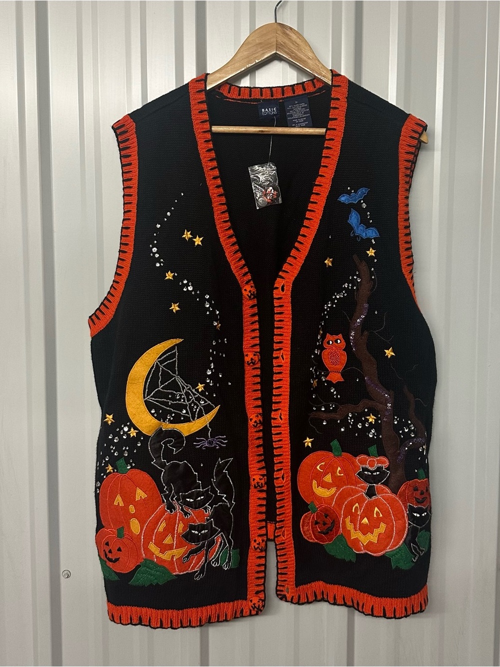 Vintage Halloween Appliqué Knit Sweater Vest Pumpkin Moon Cat Cottagecore 3X - Picture 8 of 8